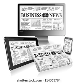 Digital News Concept with Business Newspaper on screen Tablet PC, Full HD Monitor and Smartphone, vector