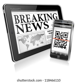 Digital News Concept with Business Newspaper on screen Tablet PC and Smartphone with Application Scanning QR Code, vector