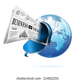 Digital News Concept With Business Newspaper, Open Mailbox And Earth, Vector Isolated On White Background