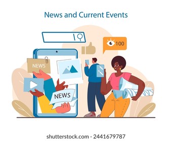 Digital News Consumption concept. Users interact with current events through various digital formats. A blend of information and technology in modern media. Flat vector illustration.