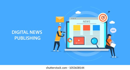 Digital news publishing - Content marketing - Digital media marketing flat vector banner with characters