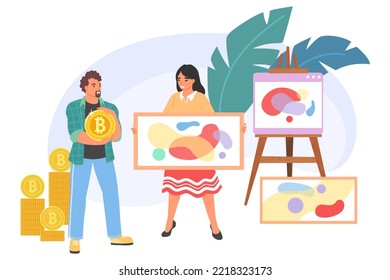 Digital nft art auction flat vector illustration. Non-fungible token market, non-interchangeable unit selling and buying. Man and woman make deal. Blockchain, bitcoin cryptocurrency and digital craft