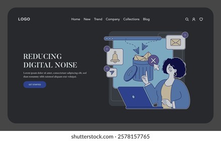 Digital noise reduction concept. Focus on decluttering online spaces for enhanced productivity and well-being. Combines digital wellness strategies with practical visual actions like deleting messages