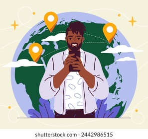 Digital nomad adventures concept. Man with smartphone near planet with gps pins. Freelancer and distant worker with travels and tourism. Earnings on internet. Cartoon flat vector illustration