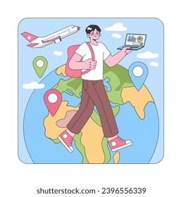 Digital nomad adventures. Young man with a backpack stands on a global map, holding a laptop showcasing graphs, ready to explore while working remotely. Travel meets technology. vector illustration.
