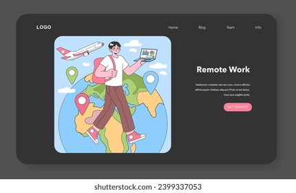 Digital nomad adventures. Young man with a backpack stands on a global map, holding a laptop showcasing graphs, ready to explore while working remotely. Travel meets technology. vector illustration.