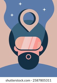 Digital nomad. Augmented reality metaverse scene. Work and travel freelancer, remote job concept. Young adult man working on map location in VR.