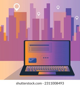 Digital nomad banner. Traveling with a computer. Online job. Concept of digital nomad, remote worker, independent location entrepreneur.