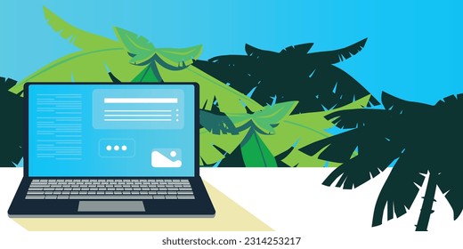Digital nomad banner. Traveling with a computer. Online job. Concept of digital nomad, remote worker, independent location entrepreneur.