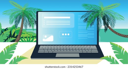 Digital nomad banner. Traveling with a computer. Online job. Concept of digital nomad, remote worker, independent location entrepreneur.