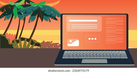 Digital nomad banner. Traveling with a computer. Online job. Concept of digital nomad, remote worker, independent location entrepreneur.