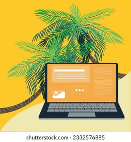 Digital nomad banner. Traveling with a computer. Online job. Concept of digital nomad, remote worker, independent location entrepreneur.