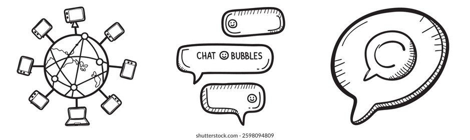 Colección nómada digital. Ilustración de símbolos de comunicación incluyendo un globo terráqueo y burbujas de discurso.