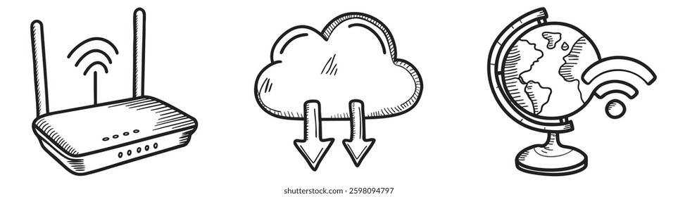 Digital nomad collection. Networking symbols illustrating internet connectivity and data flow concepts.