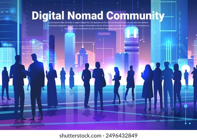 Digital nomad community futuristic cityscape silhouettes people interacting vibrant colors abstract buildings technology elements