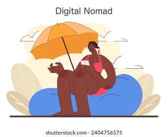 Digital Nomad concept. An entrepreneur enjoys work-life balance, merging business with leisure under a sunny sky, showcasing remote work freedom. Beachside office. Flat vector illustration