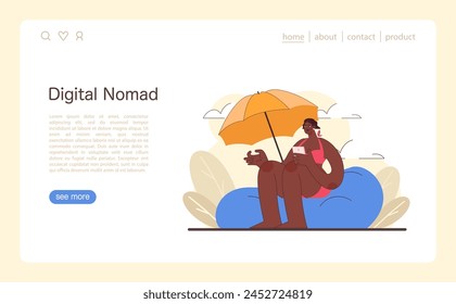 Digital Nomad concept. An entrepreneur enjoys work-life balance, merging business with leisure under a sunny sky, showcasing remote work freedom. Beachside office. Flat vector illustration