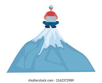 Concepto de nómada digital. Trabajador independiente trabajando a distancia en el ordenador portátil a través de Internet desde varios lugares. Subcontratan tecnología, turismo laboral. Ilustración vectorial plana