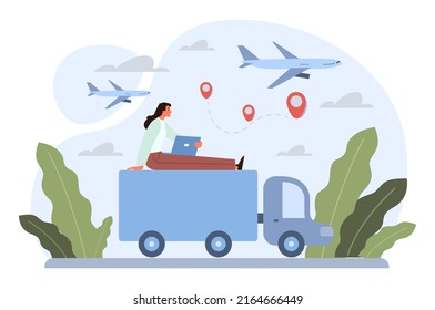 Digital nomad concept. Freelancer working remotely on the laptop computer through the internet from various places. Outsource technology, work tourism. Flat vector illustration