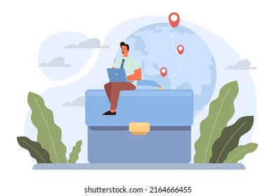 Digital nomad concept. Freelancer working remotely on the laptop computer through the internet from various places. Outsource technology, work tourism. Flat vector illustration