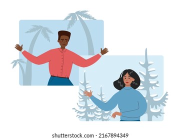 Concepto de nómada digital. Trabajador independiente trabajando a distancia en el ordenador portátil a través de Internet desde varios lugares. Subcontratan tecnología, turismo laboral. Ilustración vectorial plana