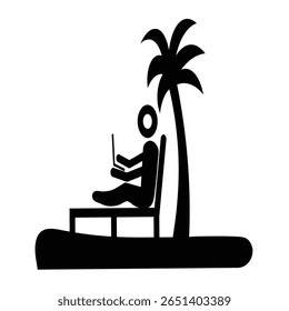 Digital nomad concept: Stick figure working on laptop under palm tree on a tropical island, black and white illustration.