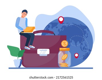 Digital nomad concept vector in trendy flat style. Сoncept of remote work from anywhere in the world. A freelancer works with clients using a laptop. Successful online business. 