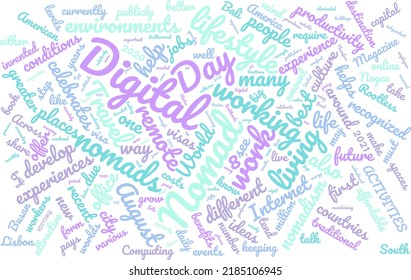 Digital Nomad Day 8 August  Word Cloud In Vector Art Creative Colourful White Back Ground