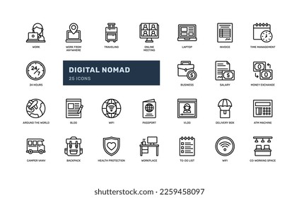 Digital nomad detailed outline line icons  symbols of freelance remote work and travel. Perfect for websites, blogs, and marketing materials for the digital nomad lifestyle