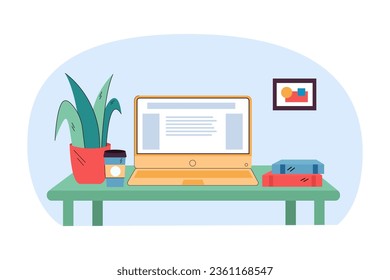 Digital nomad essentials on table vector illustration. Organized workspace with laptop, books, coffee cup and flower pot for remote working. Self-employment, technology concept