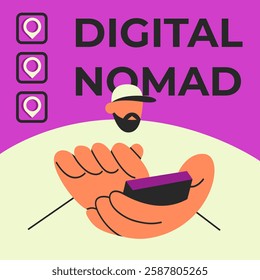 Digital nomad. Freedom to work anywhere by using computer with internet. Work and travel freelancer, remote job concept. Boy searching location for working.