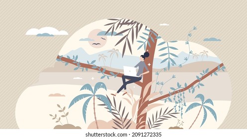 Digital Nomad Freelancer Flexibility With Work Mobility Tiny Person Concept. Travel Outdoors With Laptop And Wireless Internet Connection To Feel Free And Keep Distance From Office Vector Illustration