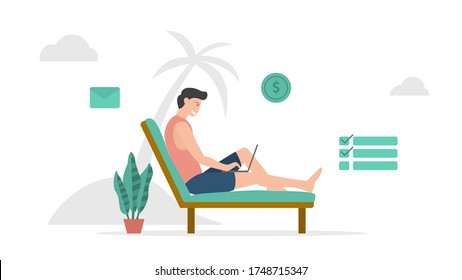 digital nomad freelancer work on beach with modern flat style and minimalist green color theme