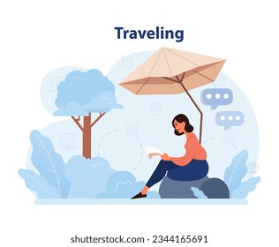 Digital nomad. Freelancer working remotely on the laptop globaly from vacation. Flexible schedule, outsource technology and work tourism. Flat vector illustration