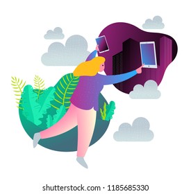Digital nomad girl working remotely from tropical place. Vibrant color vector illustration.