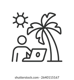Digital nomad, icon in line design. Remote work, travel lifestyle, location independent, laptop work, coworking, online job on white background vector. Digital nomad, editable stroke icon