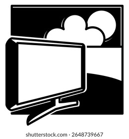 Icono de nómada digital representado por el entorno de la computadora, estilo relleno negro.