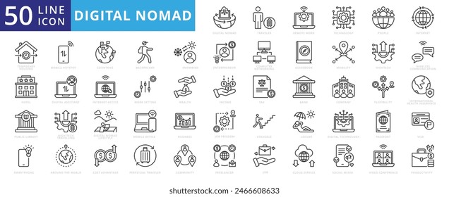 Digital nomad icon set with traveler, remote work, technology, people, internet, temporary housing, hotel, smartphone and public library.