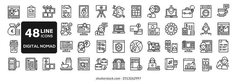 Digital nomad icon set with traveler, remote work, technology, people, internet, temporary housing, hotel, smartphone and public library.