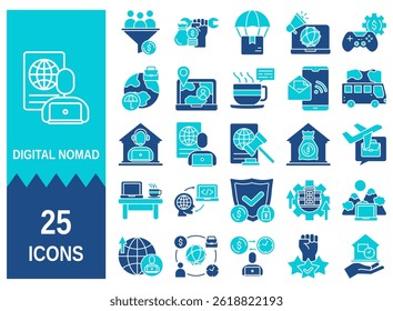 Digital nomad icon set with traveler, remote work, technology, people, internet, temporary housing, hotel, smartphone and public library.