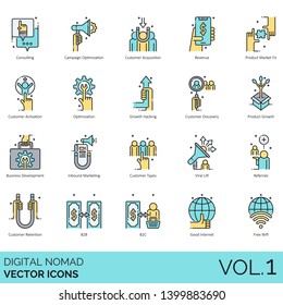 Digital nomad icons including consulting, campaign optimization, acquisition, revenue, product market fit, activation, growth hacking, business development, inbound marketing, viral lift, b2b, b2c.