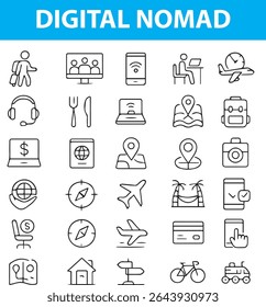 Digital Nomad Icons, Laptop, Remote Work, Mochila, Wifi, Passport, Beach Office, Viagens, voo, e viagens essenciais. Perfeito para aplicativos de estilo de vida freelance