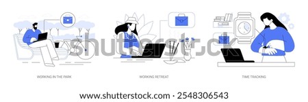 Digital nomad isolated cartoon vector illustrations set. Working in the park, staff retreat, tracking time with smartphone app, distance job, freelancers lifestyle, working schedule vector cartoon.