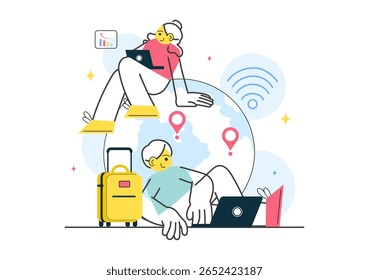 Digital Nomad Lifestyle Vector Illustration Featuring People Working Remotely While Traveling and Enjoying a Holiday in a Flat Style Background