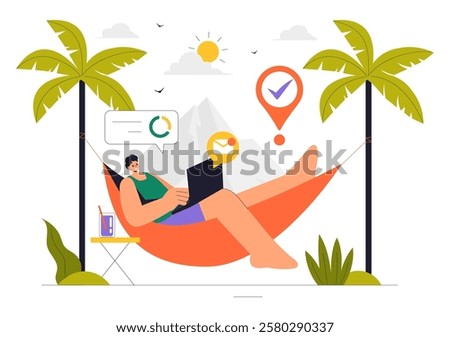 Digital Nomad Lifestyle Vector Illustration Featuring People Working Remotely While Traveling and Enjoying a Holiday in a Flat Style Background