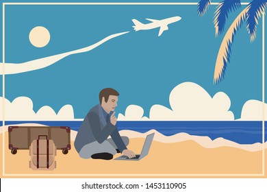 Digital nomad man sitting on the beach with laptop flying airplane and palm tree with backpack and baggage old vintage style