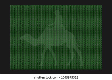 Digital nomad - modern worker and traveller on the camel. Alternative lifestyle of travelling and mobile job based on electronics. Vector illustration 