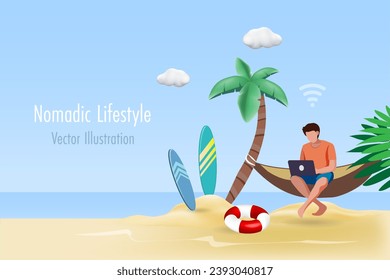 Digital nomad, nomadic lifestyle. Online working while travelling. Man working with computer on hammock at palm trees island. Vector for template, advertising, brochure.