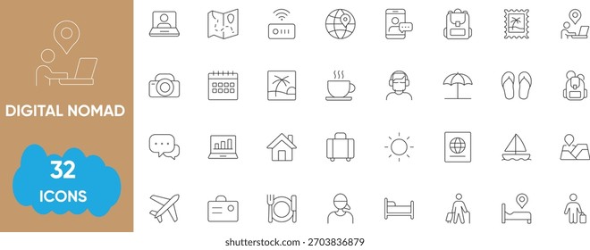 Digital nomad and remote work travel line icon set for lifestyle UI
