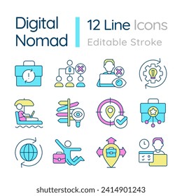 Digital nomad RGB color icons set. Work and travel. Remote job. Freelance worker. Self employment. Earn online. Isolated vector illustrations. Simple filled line drawings collection. Editable stroke